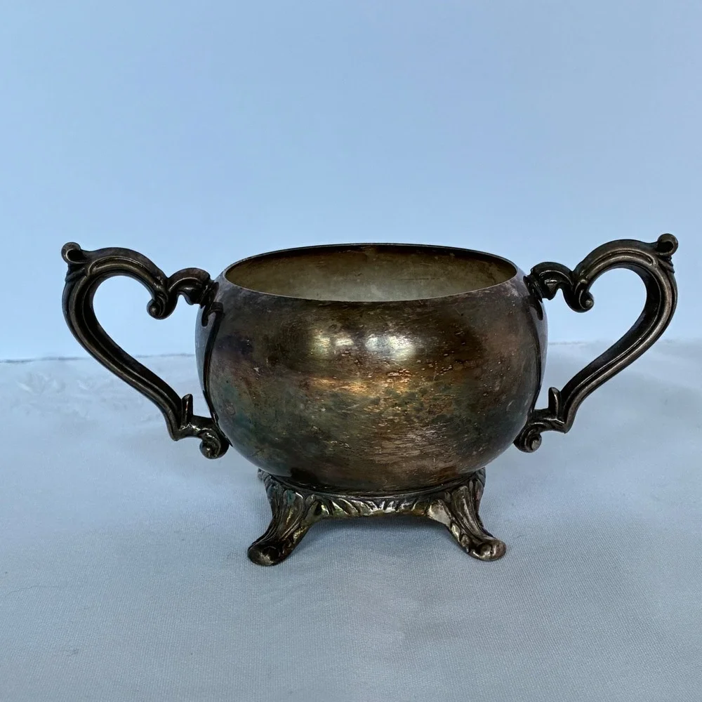 Vtg Sugar Bowl Silver Tone Footed Ornate Scroll Double Handle Patina Shabby Chic